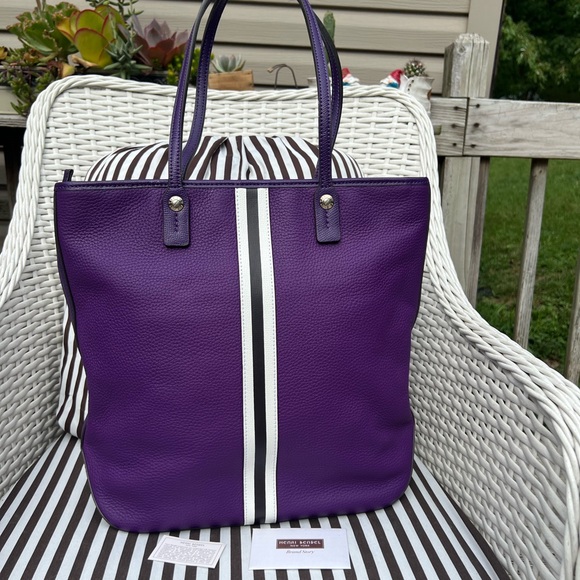 Henri Bendel Purple Tote with White and Brown Stripes - Picture 4 of 15